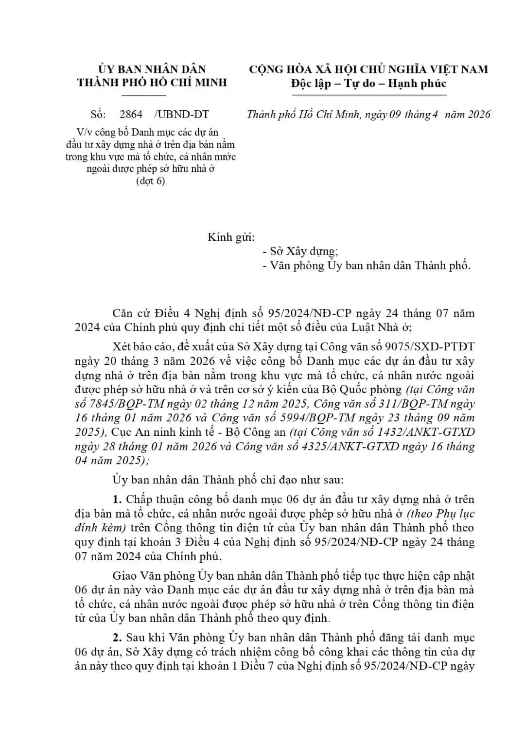 외국인 소유 가능 프로젝트 목록 — 6차 (2864/UBND-DT)