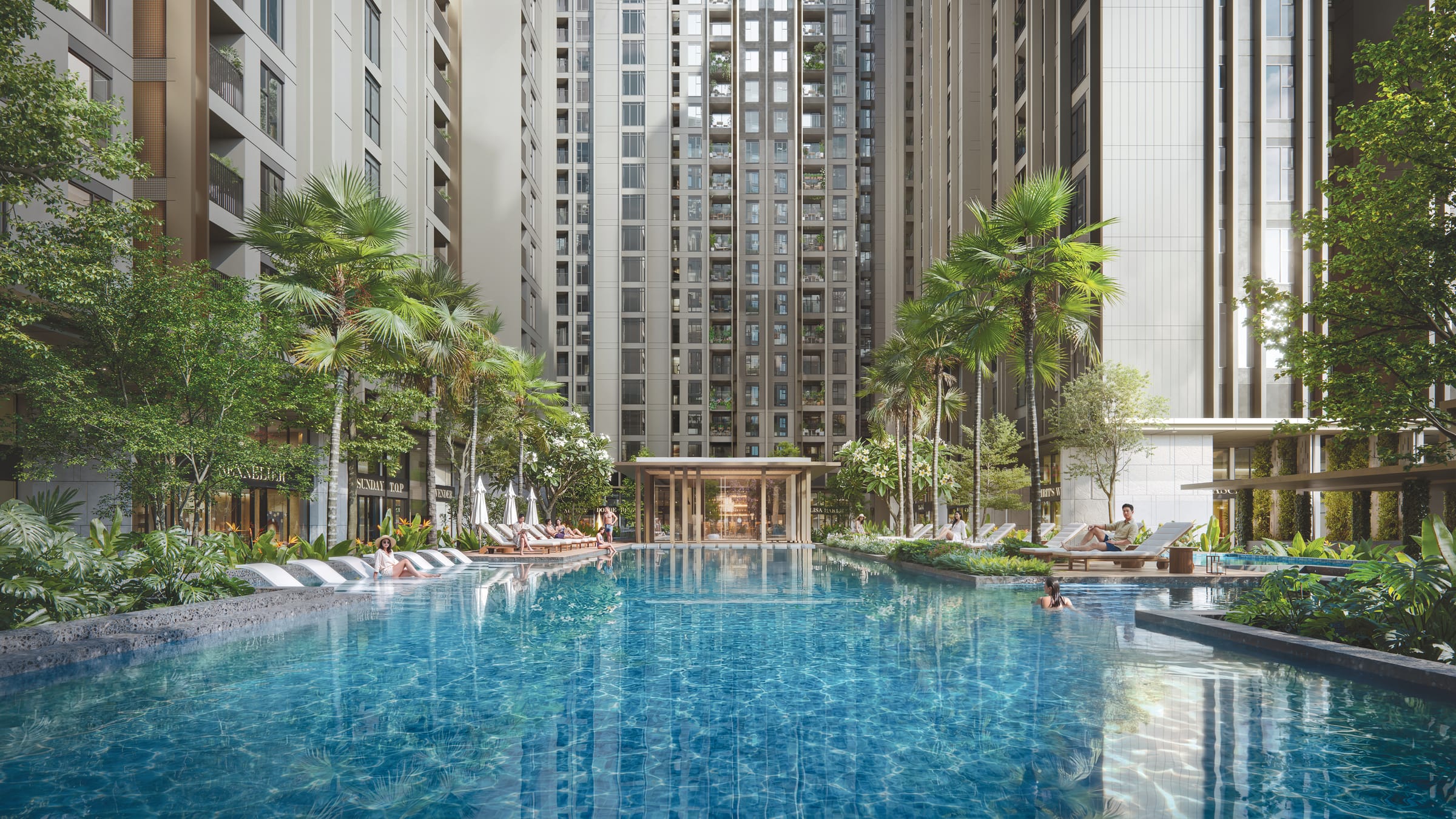 The resort pool between the towers.