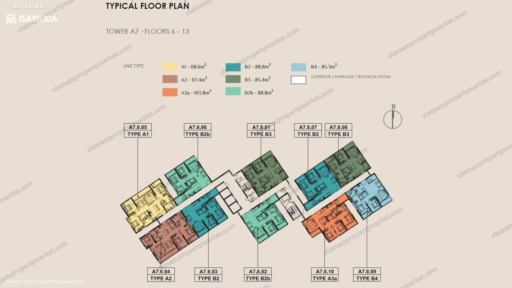 Typical floor plan, Tower A7, floors 6 – 13