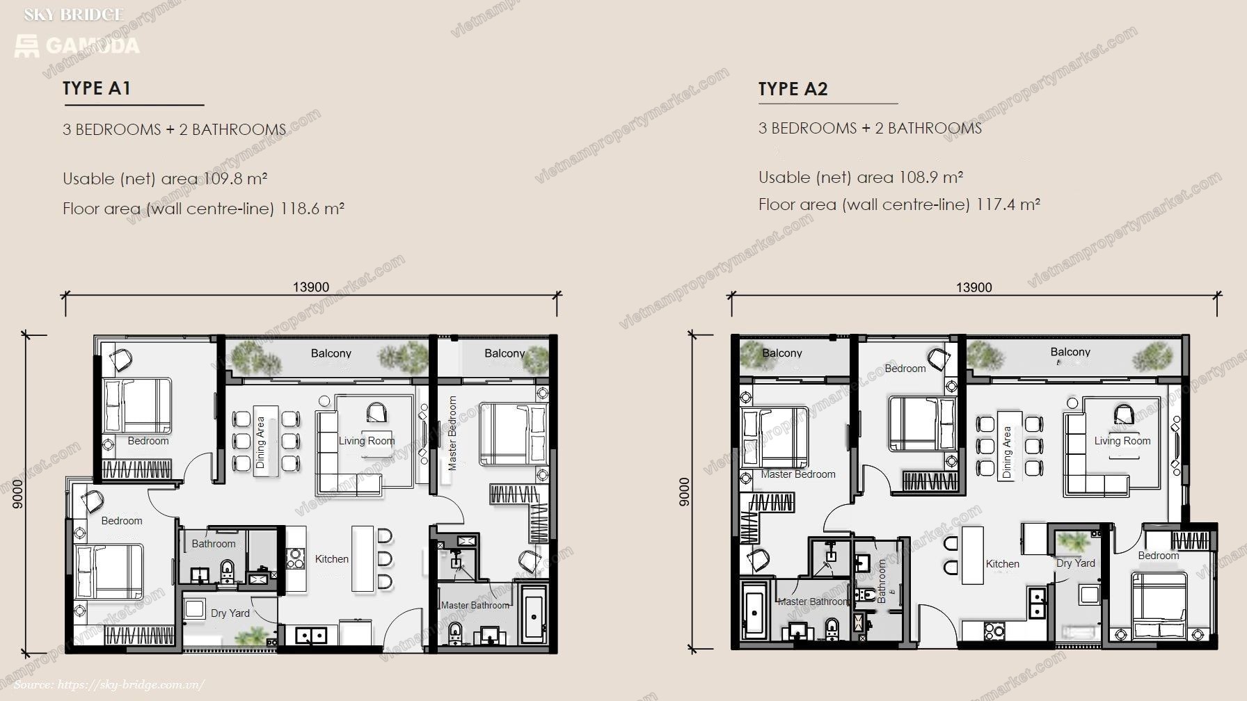 Unit types A1 and A2 — 3 bedrooms