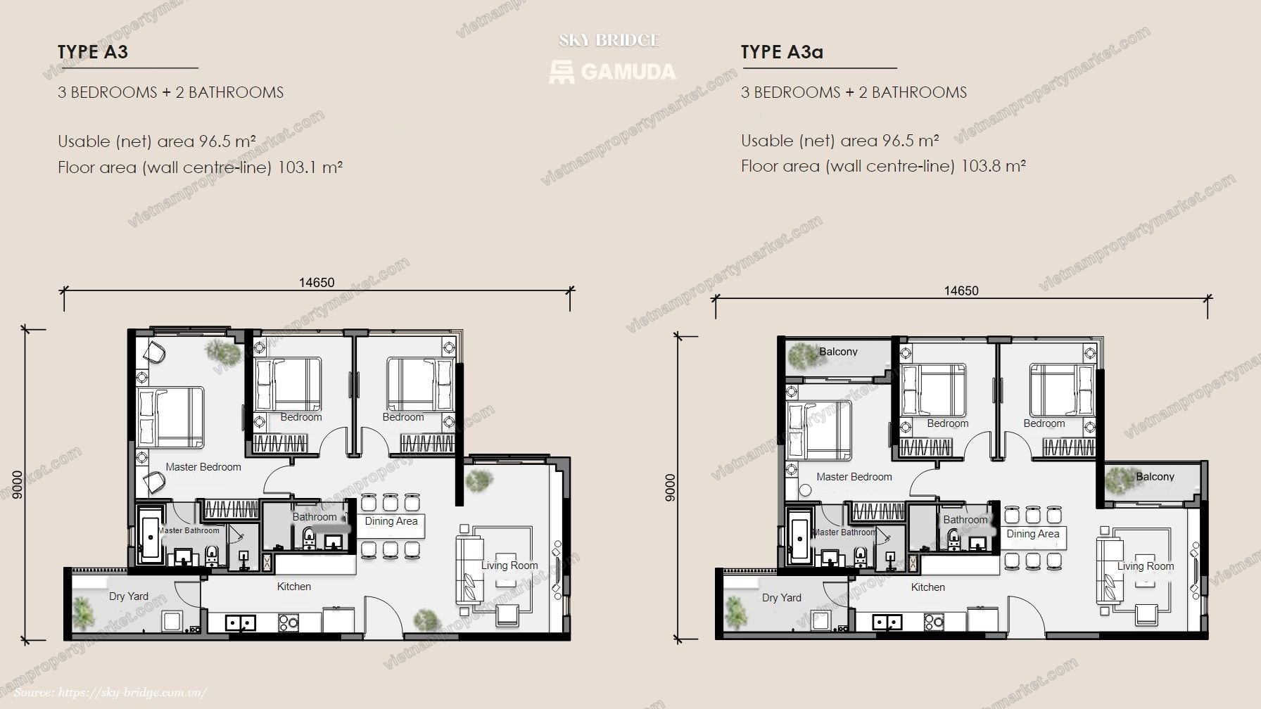 Unit types A3 and A3a — 3 bedrooms
