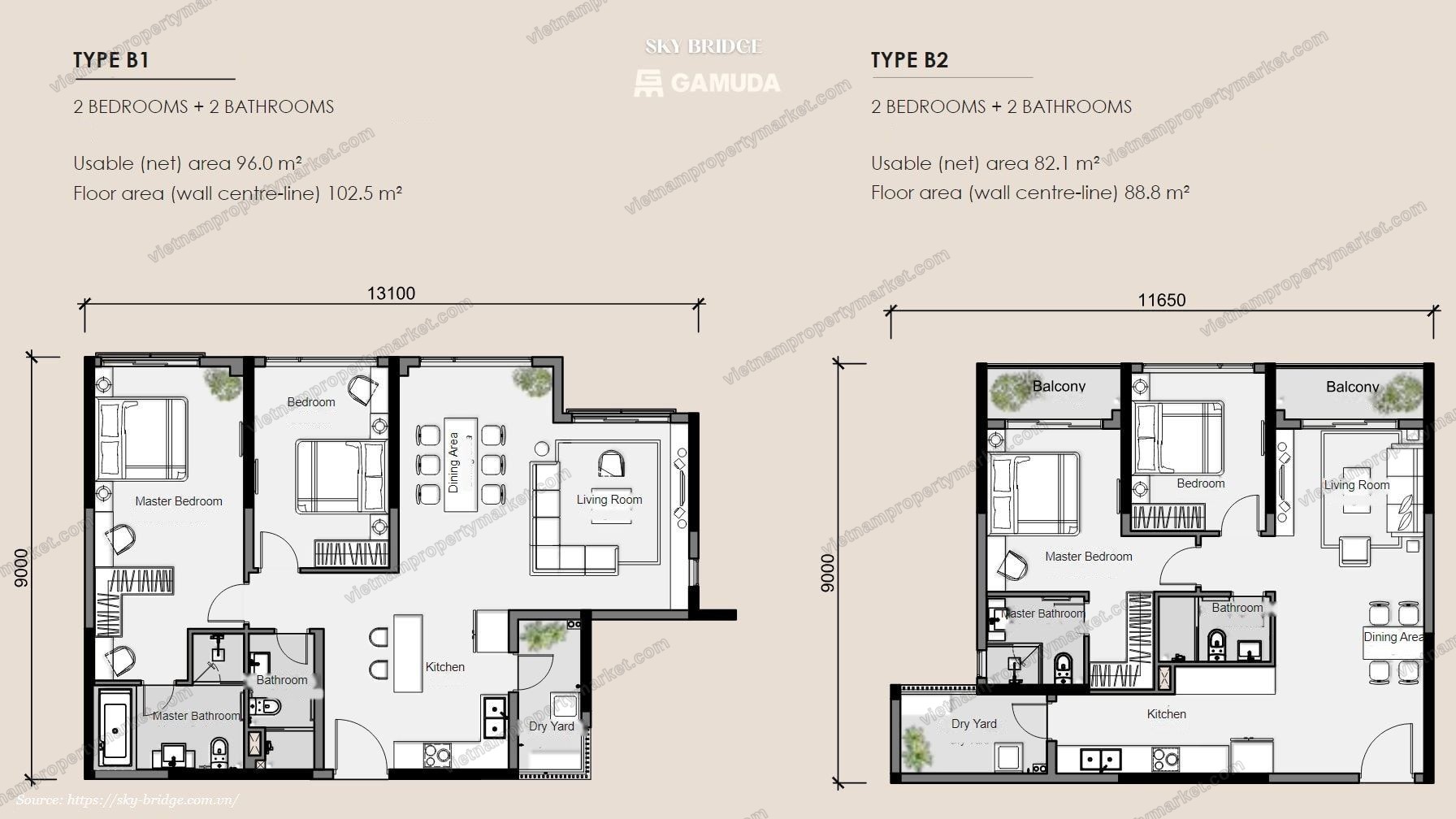 Unit types B1 and B2 — 2 bedrooms