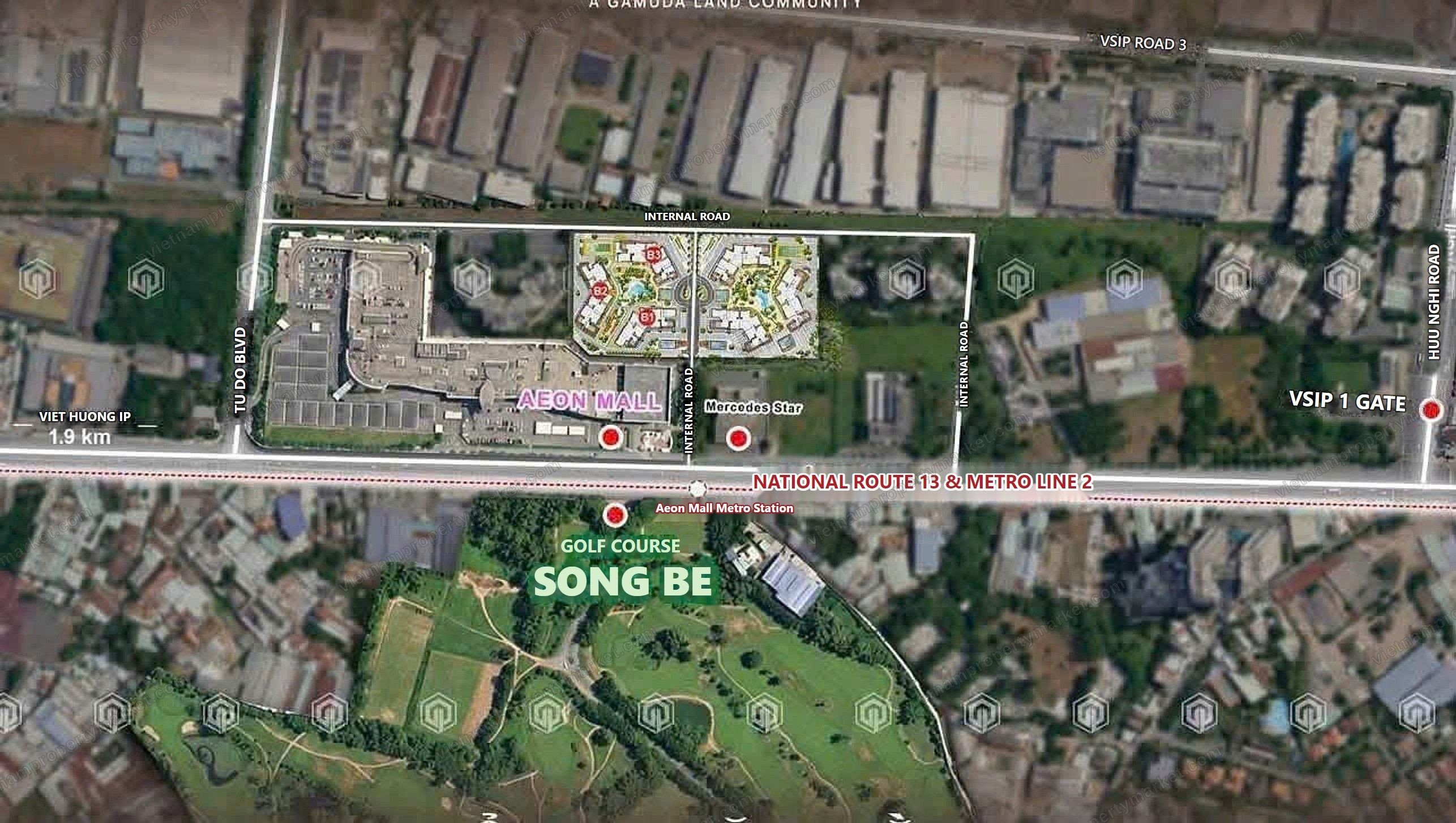 Site plan on a satellite photo: AEON MALL next door, Song Be Golf across National Route 13