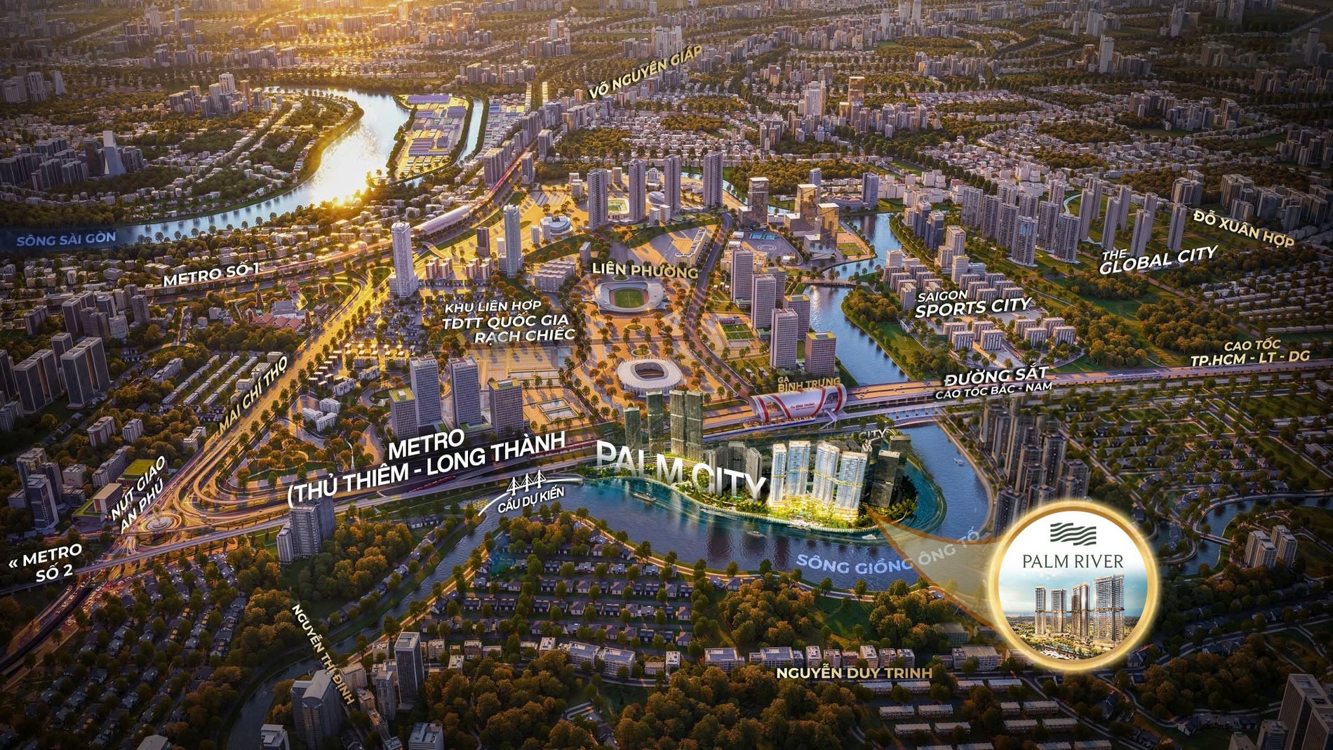 The site inside its river bend, with the expressway and the An Phu interchange behind it.