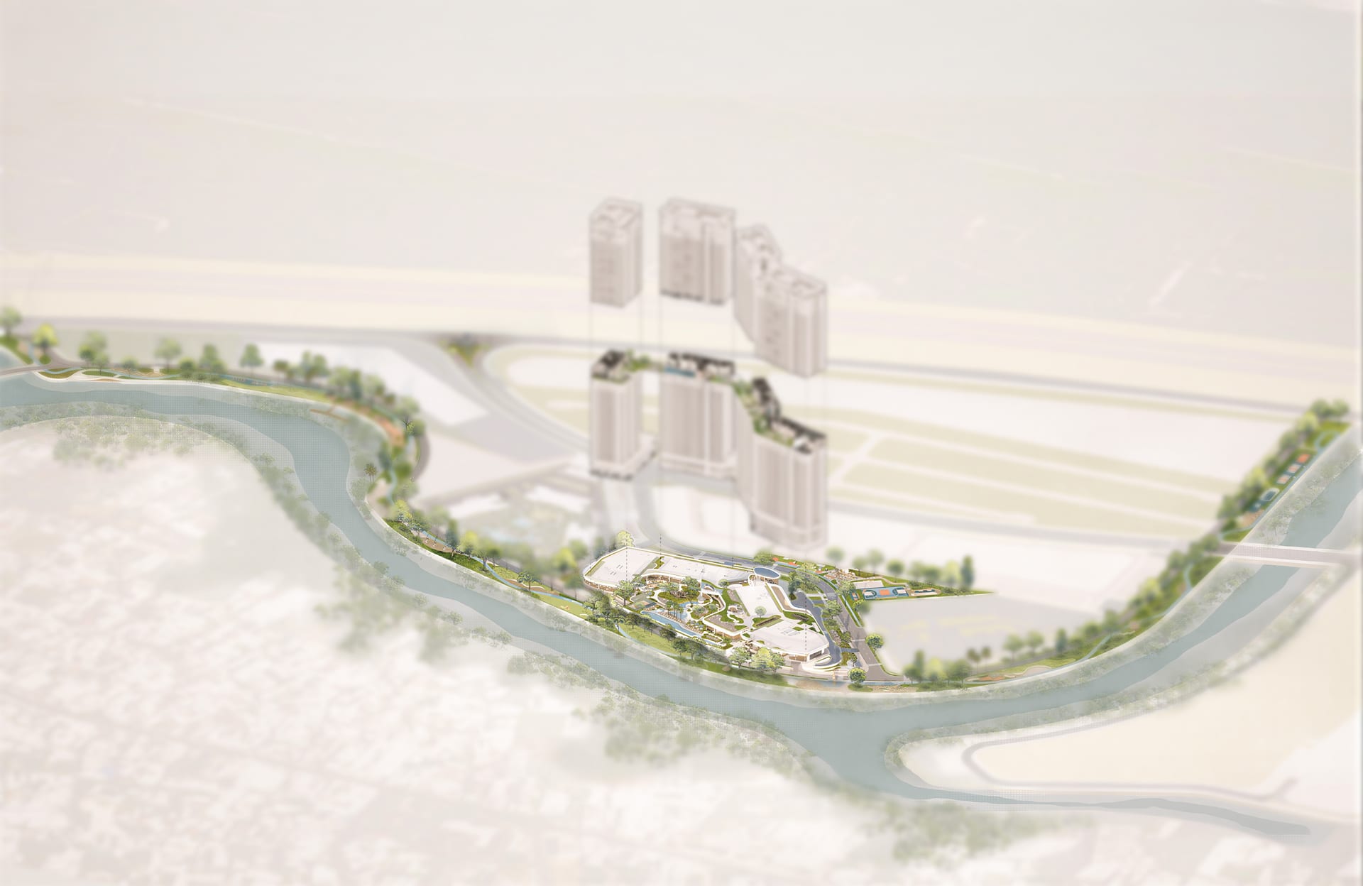 Massing study — the towers against the river bend