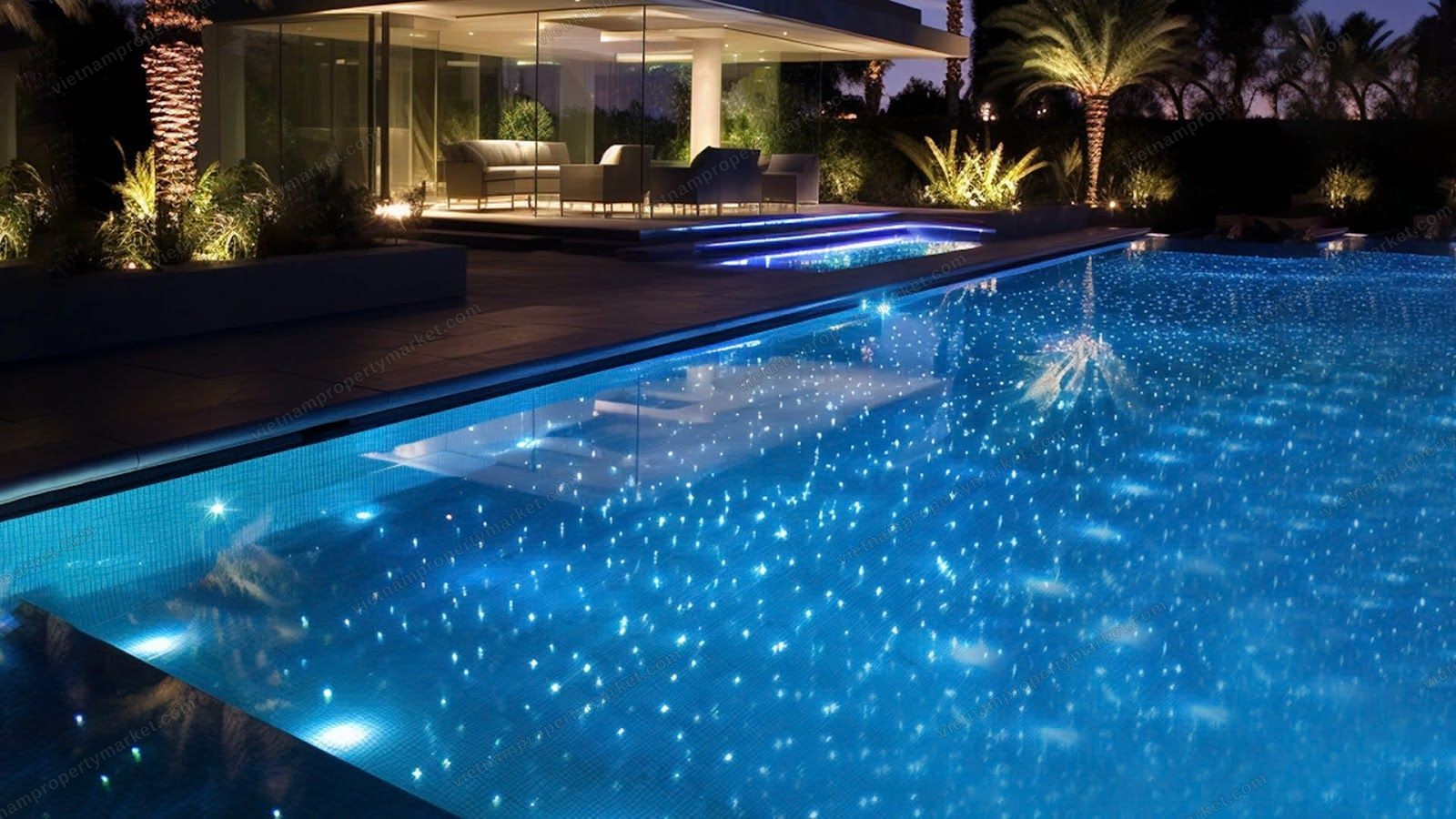 夜晚充满 LED 灯光的银河泳池
