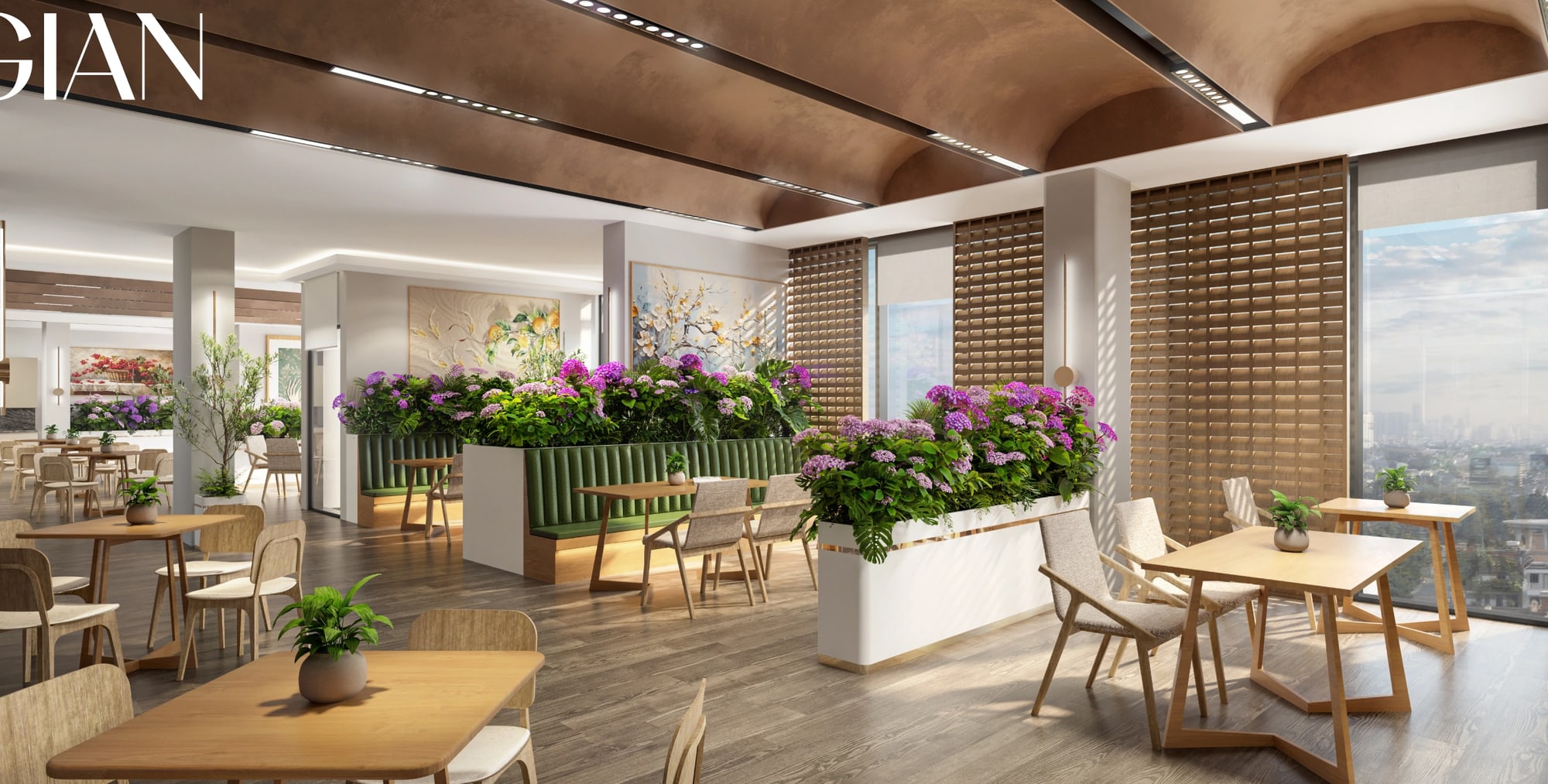 SkySOLIS 多功能宴會廳,已擺設餐桌與植栽