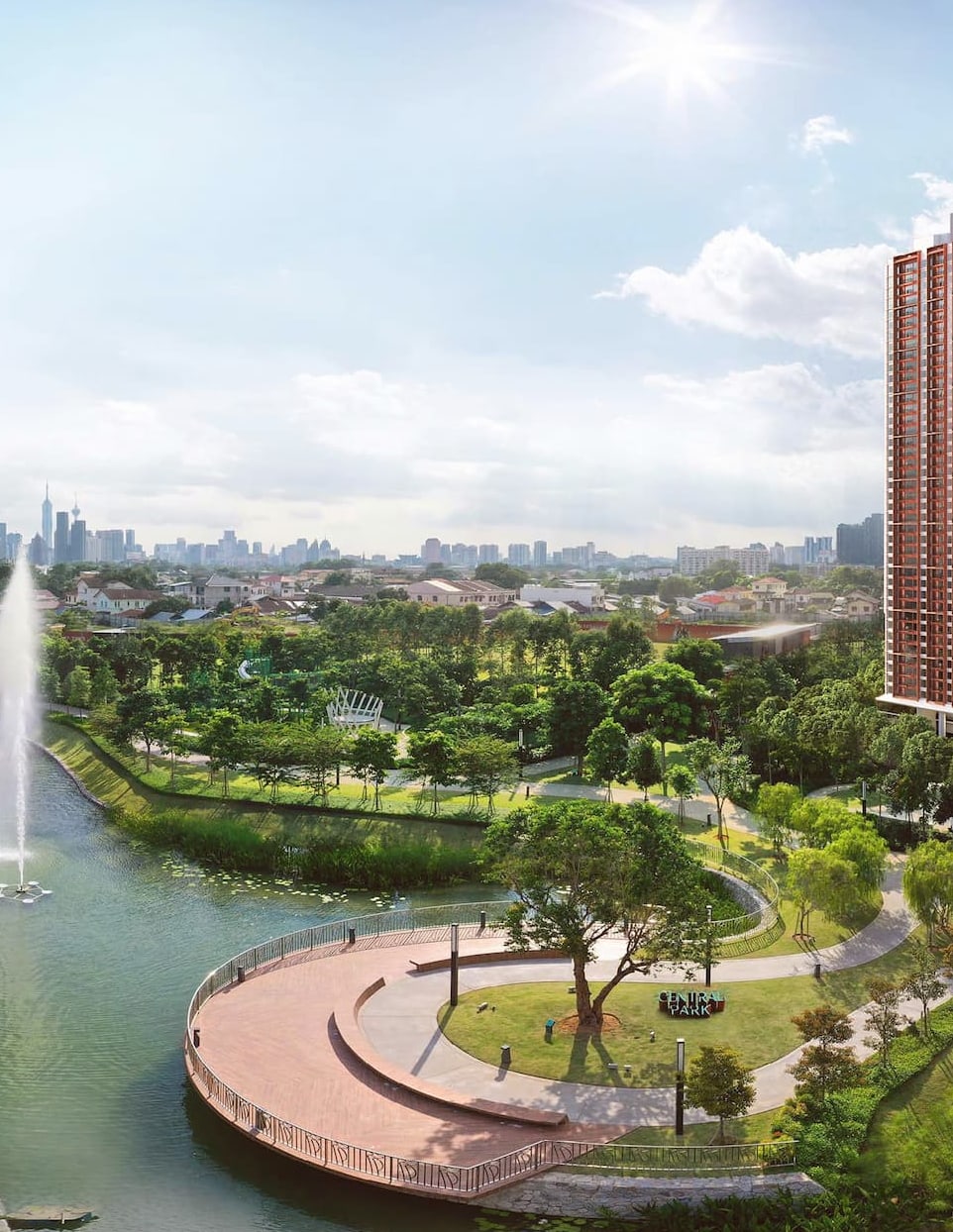 SkySOLIS 大樓旁的湖景、噴泉與中央公園景觀示意圖