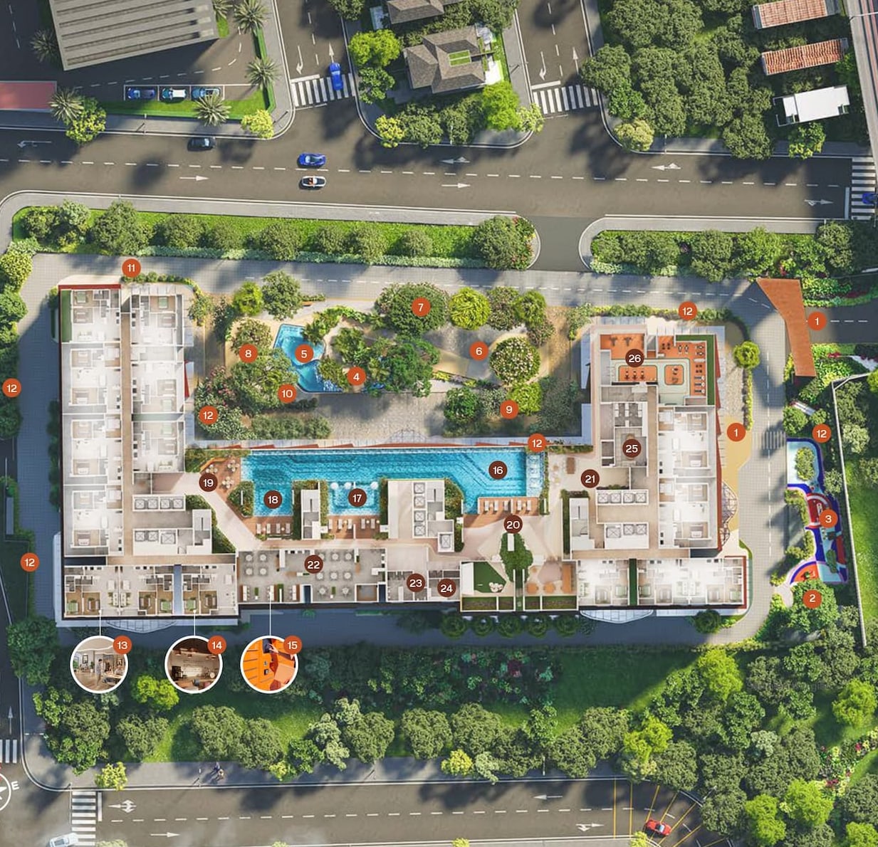 SkySOLIS 基座公設平台俯瞰示意圖,可見礁湖泳池與庭園