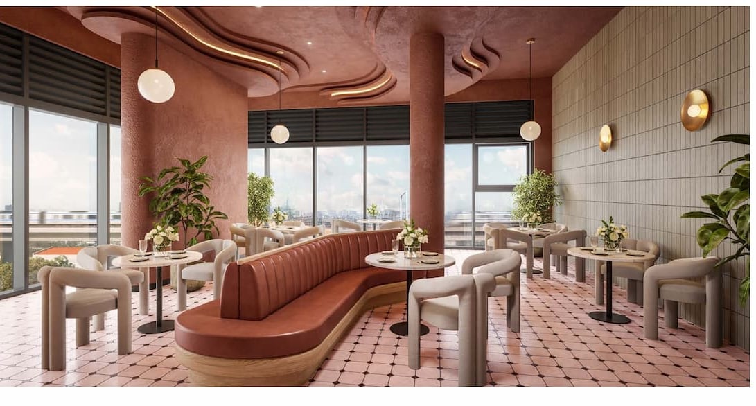SkySOLIS 店鋪住宅的咖啡館室內,天花板為赤陶色波浪造型