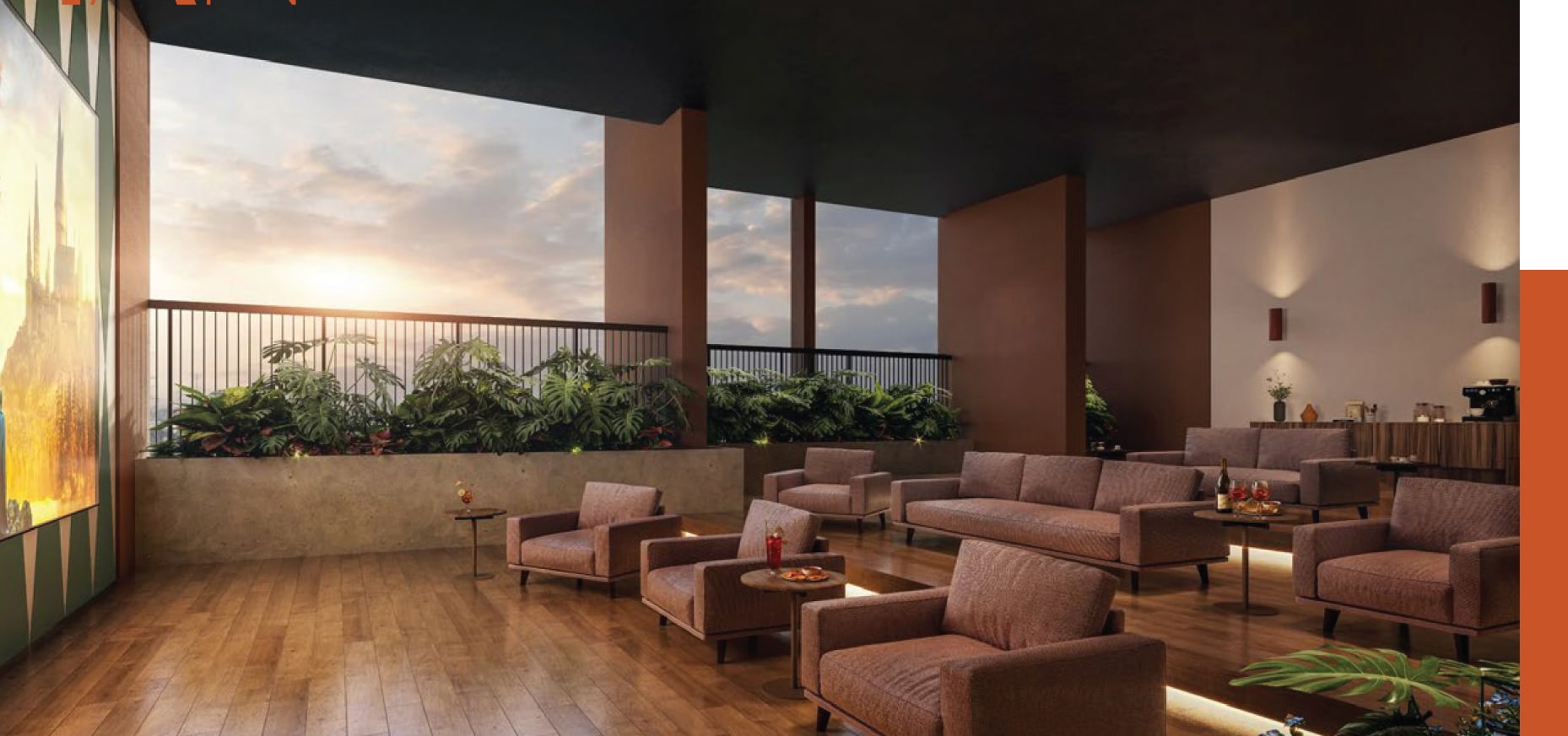SkySOLIS Sky Lounge 室內,夕陽時分與植栽露臺相接