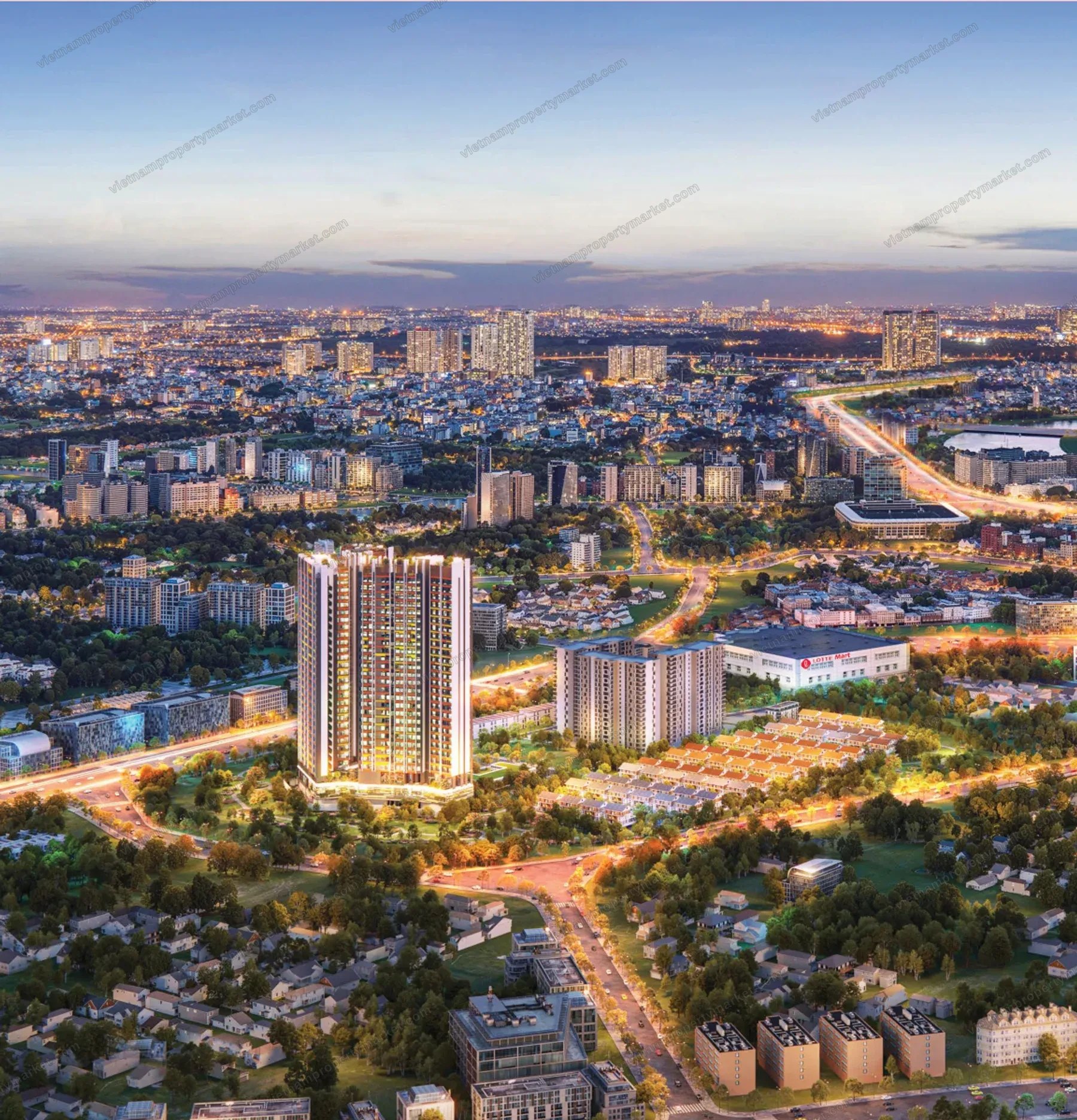 Setia Edenia at dusk above Thuan An — illustrative render