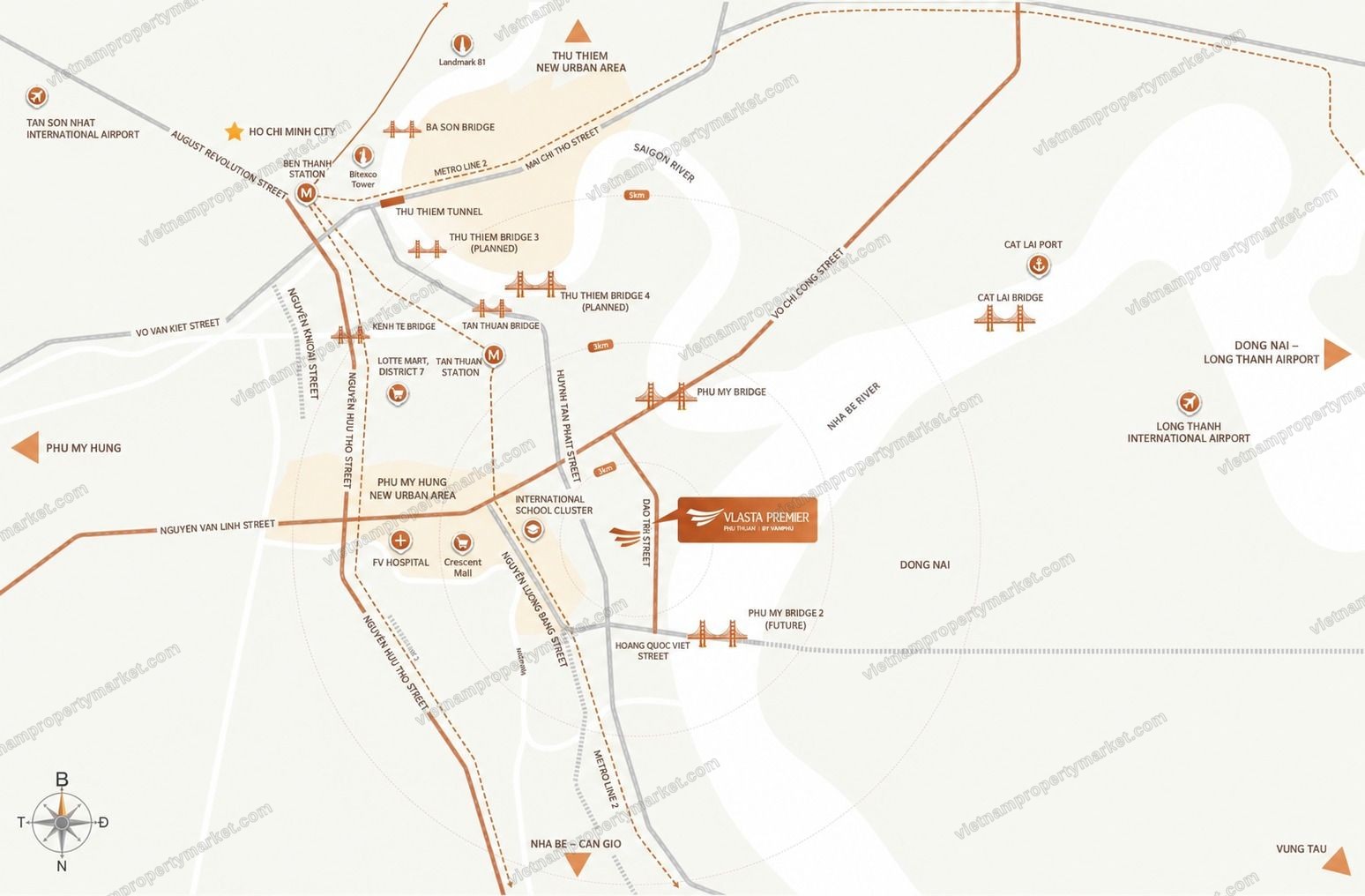 Drive times from the site: the central business district, Thu Thiem, Phu My Hung, Cat Lai port and both international airports.