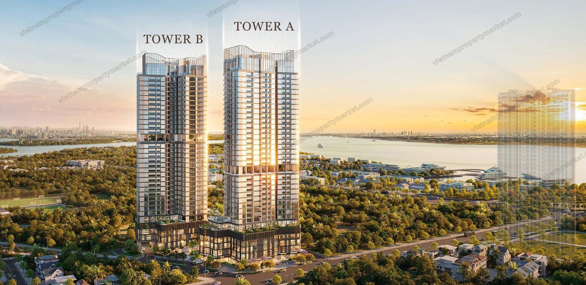 The two towers as the developer labels them, seen from the river.