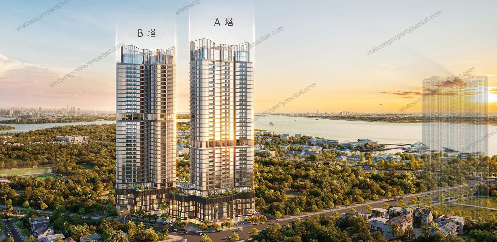 開發商標示的兩座塔樓，自河面方向觀看。